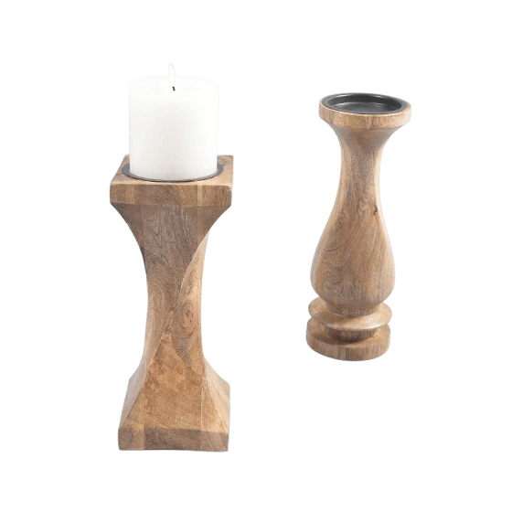 MANGO WOOD PILLAR CANDLE HOLDER SET OF 2 (POLISH)